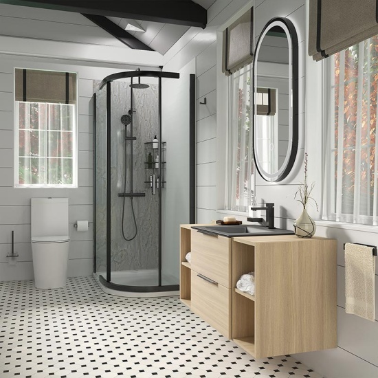 Alani Black Shower Suite: 1200 Oak Vanity Unit with Black Basin alani black offset shower suite 1200 vanity unit