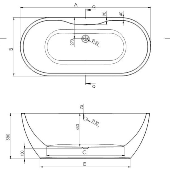 Alani Specifications Drawing Technical Drawing for Alani Double-ended Freestanding Large Bath