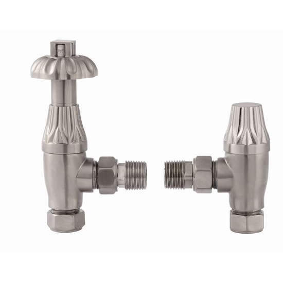 westminster thermostatic radiator valve, satin nickel, angled