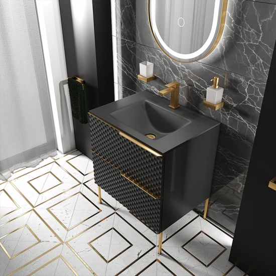 Elvia 600mm Black Vanity Unit with Black Basin, Gold Handles & Legs Elvia 600mm Black Vanity Unit with Black Basin, Gold Handles & Legs