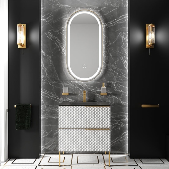 Elvia 600mm White Vanity Unit with Black Basin, Gold Handles & Legs