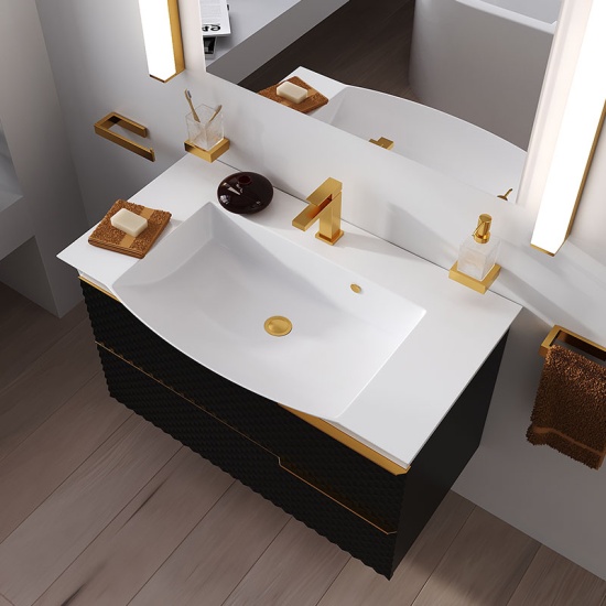 Elvia 950mm Black Vanity Unit with White Basin, Gold Handles Elvia 950mm Black Vanity Unit with White Basin, Gold Handles