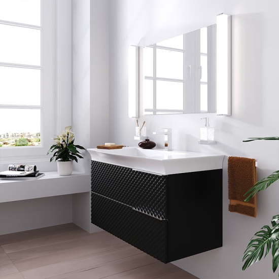 Elvia 950mm Black Vanity Unit with White Basin, Chrome Handles Elvia 950mm Black Vanity Unit with White Basin, Chrome Handles