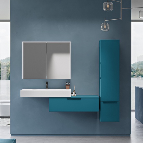 premium 900 wall hung sink with optional petrol blue wall drawer unit