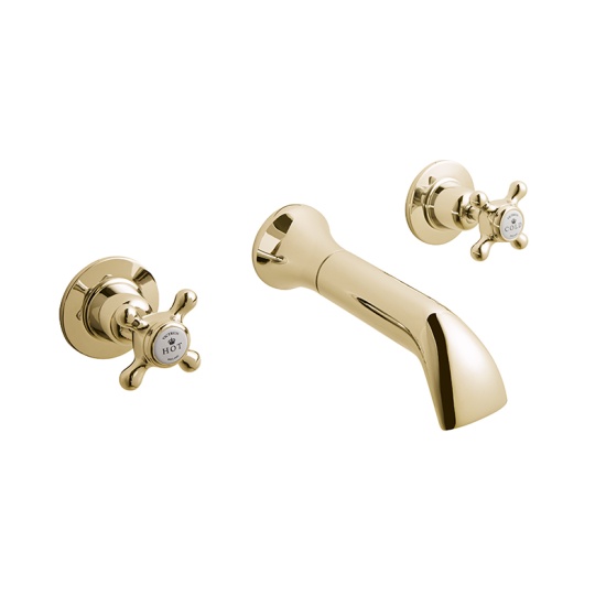 BC Designs victrion gold crosshead three hole wall bath filler tap with spout