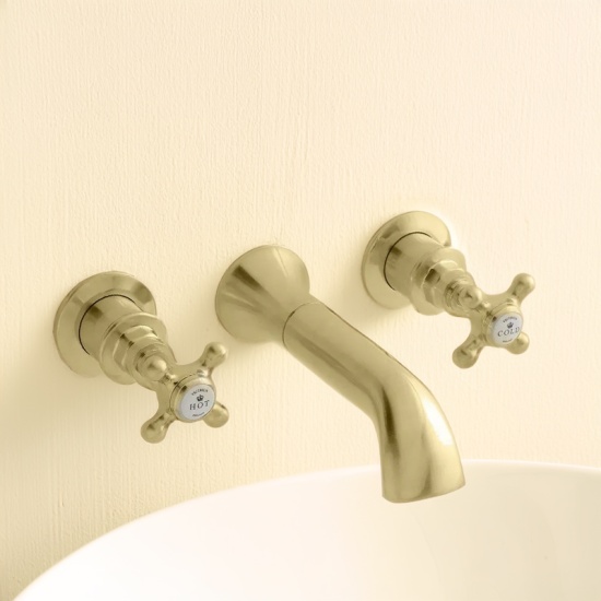BC Designs victrion brushed gold crosshead three hole wall bath filler tap with spout
