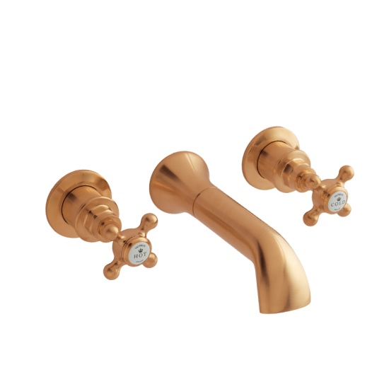 BC Designs victrion brushed copper crosshead three hole wall bath filler tap with spout