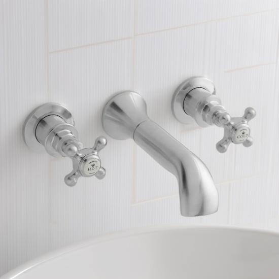 bayswater victrion brushed chrome crosshead three hole wall basin filler tap with spout