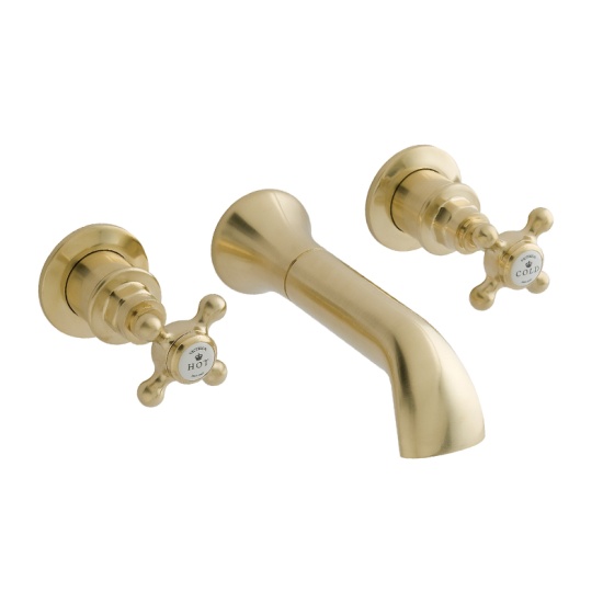 BC Designs victrion brushed gold crosshead three hole wall basin filler tap with spout