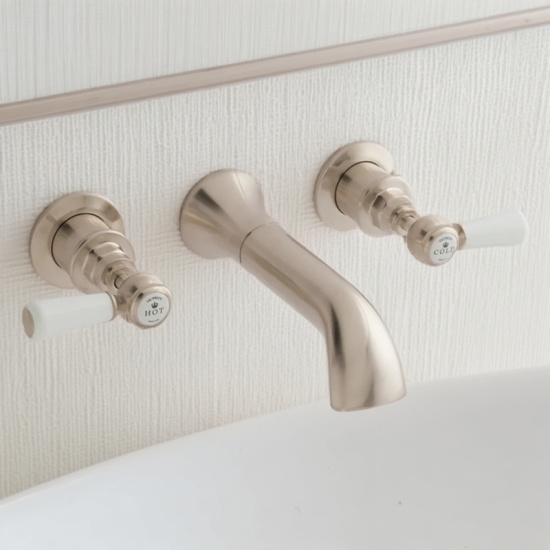 BC Designs victrion brushed nickel lever three hole wall bath filler tap with spout