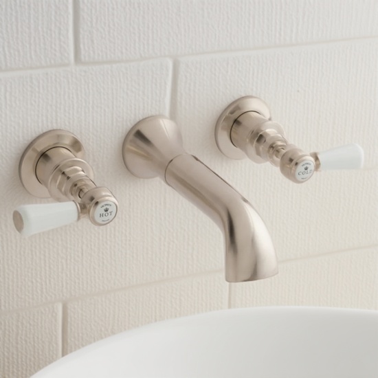 BC Designs victrion brushed nickel lever three hole wall basin filler tap with spout