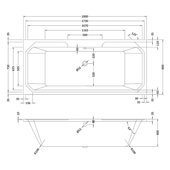 ascott art deco 1800 double ended straight bath