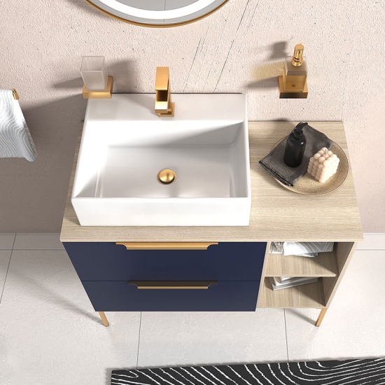 Alani 900 Navy Blue Vanity Rectangular Basin and shelves