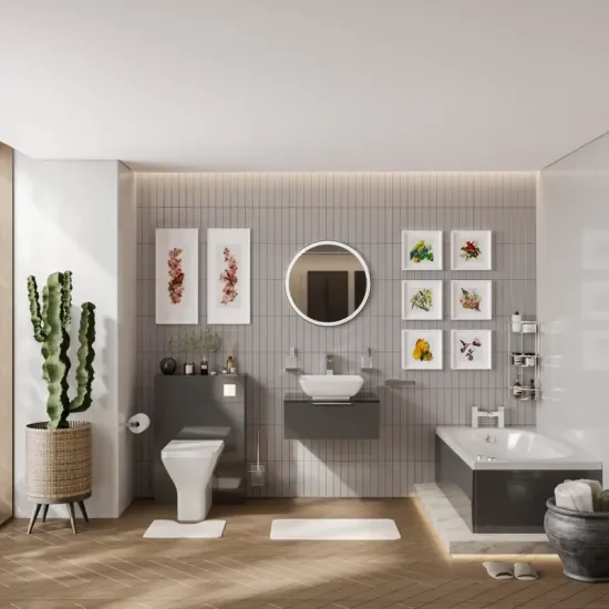 jivana small bath suite 600 grey sink cabinet wc toilet chrome