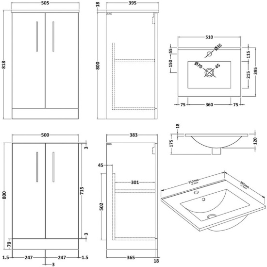 Fab 500 Vanity Unit Floorstanding Two Doors Line Drawing Line Drawing for Fab 500 Vanity Unit