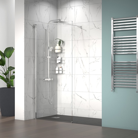 radiant 1700 walkin recess shower enclosure slate tray black white