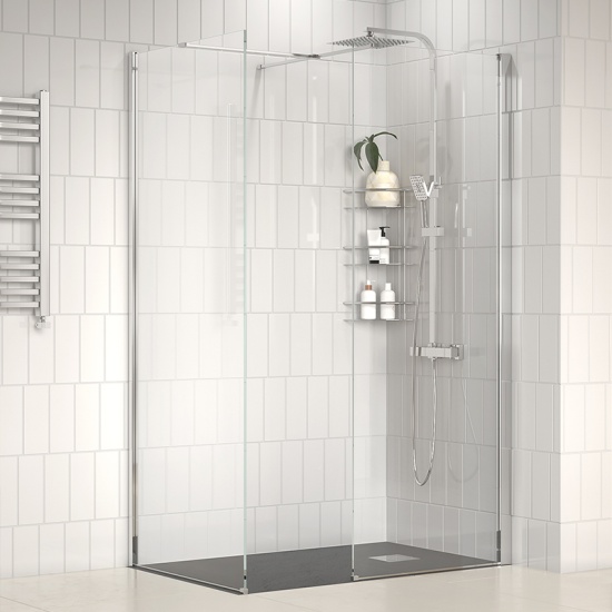radiant 1200 walkin corner shower enclosure slate tray black white
