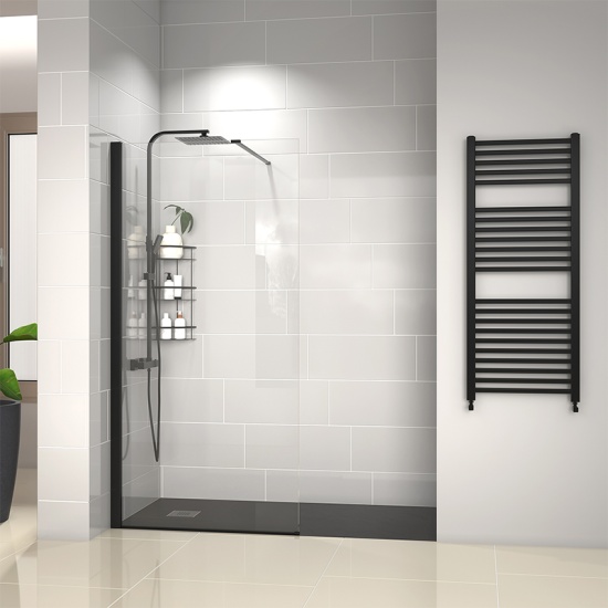 radiant black 1500 walkin recess shower enclosure black tray