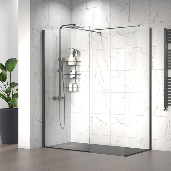 radiant black 1600 walkin corner shower enclosure slate tray black white