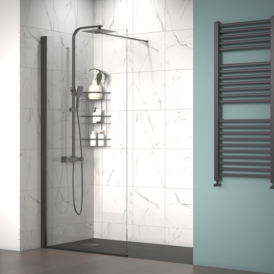 radiant black 1700 walkin recess shower enclosure slate tray black white