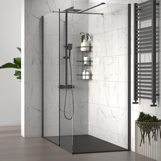 radiant black 1700 walkin corner shower enclosure slate tray black white