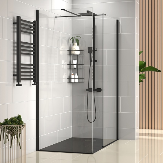 radiant black 1500 walkin corner shower enclosure slate tray black white