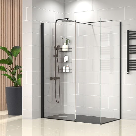 radiant black 1400 walkin corner shower enclosure slate tray black white