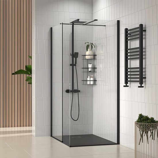radiant black 1200 walkin corner shower enclosure black tray