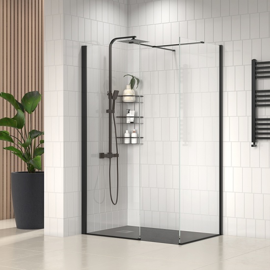 radiant black 1200 walkin corner shower enclosure slate tray black white