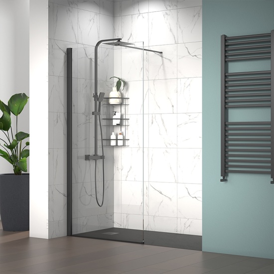radiant black 1600 walkin recess shower enclosure black tray