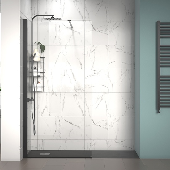 radiant black 1600 walkin recess shower enclosure slate tray black white