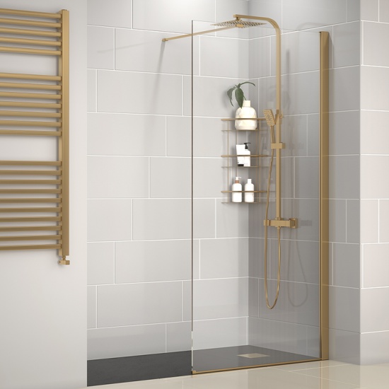 radiant gold 1400 walkin recess shower enclosure black tray