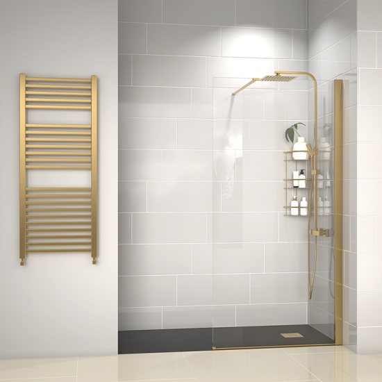 radiant gold 1400 walkin recess shower enclosure slate tray black white