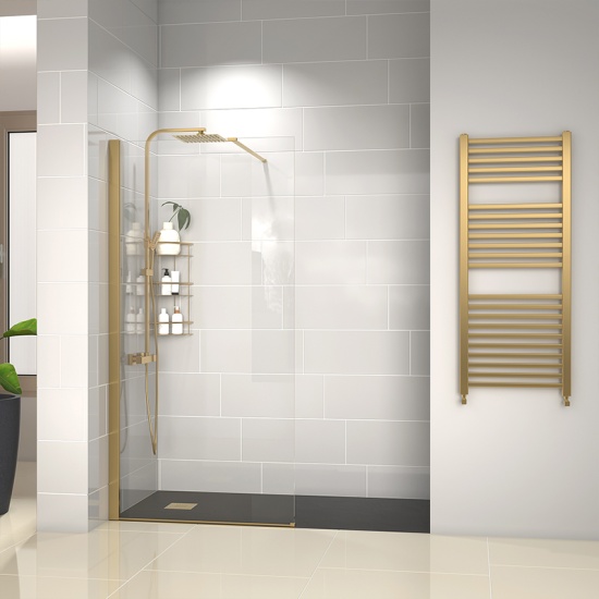 radiant gold 1500 walkin recess shower enclosure slate tray black white