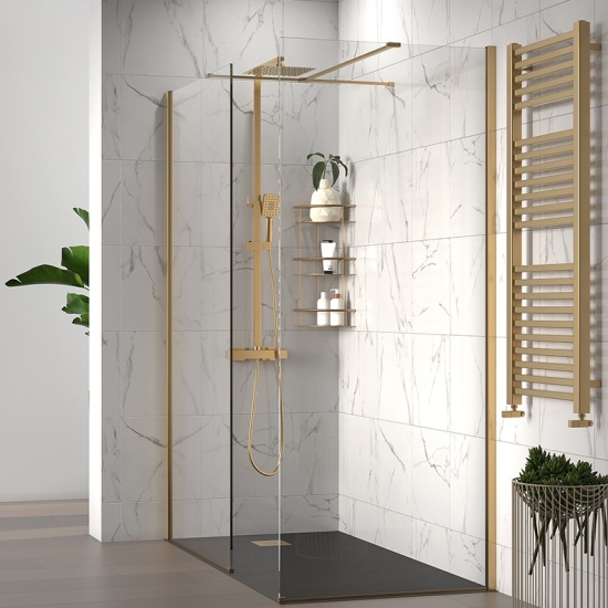 radiant gold 1600 walkin corner shower enclosure slate tray black white