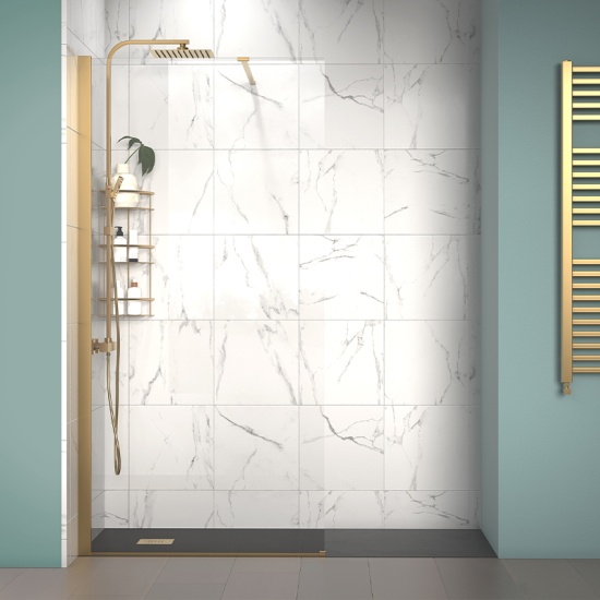 radiant gold 1700 walkin recess shower enclosure black tray