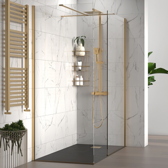 radiant gold 1700 walkin corner shower enclosure slate tray black white