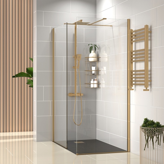 radiant gold 1500 walkin corner shower enclosure slate tray black white