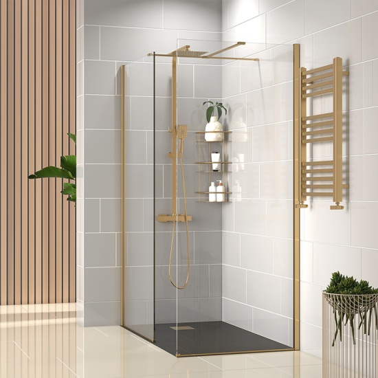 radiant gold 1400 walkin corner shower enclosure slate tray black white