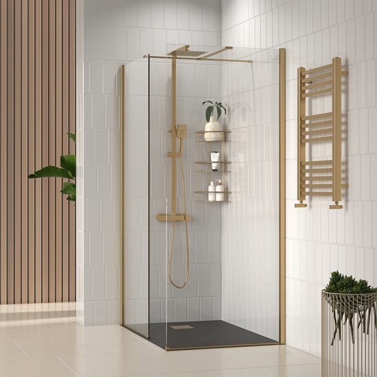 radiant gold 1200 walkin corner shower enclosure slate tray black white