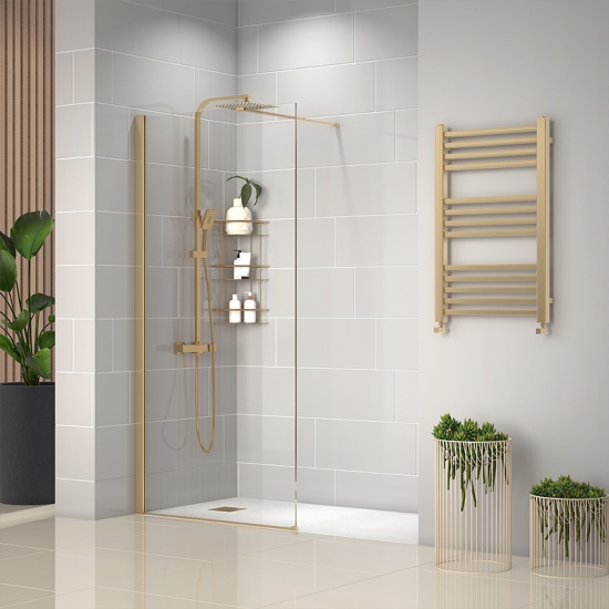 radiant gold 1600 walkin recess shower enclosure slate tray black white