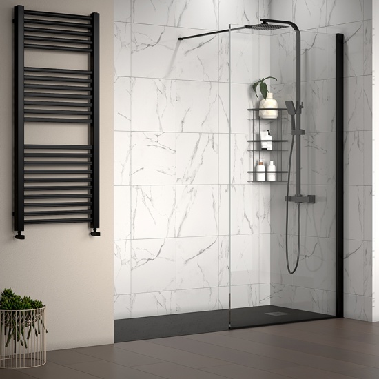 radiant black 1800 walkin recess shower enclosure slate tray black white