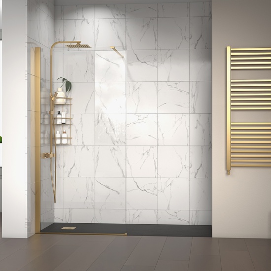 radiant gold 1800 walkin recess shower enclosure slate tray black white