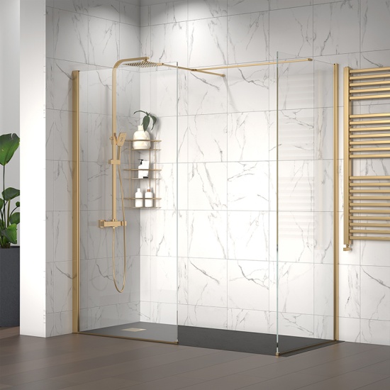 radiant gold 1800 walkin corner shower enclosure slate tray black white