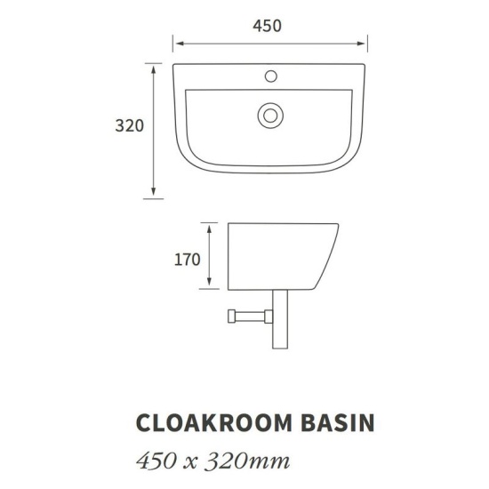 Compact Cloakroom Basin D Shape | 450 x 320mm, Single Taphole Cedarwood Small Wallhung Sink with One Taphole & Bottle Trap : 450 x 320mm