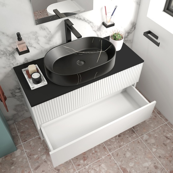 jasmine 1000 white wall vanity unit with black basin