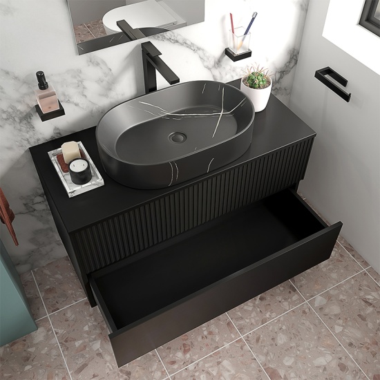 jasmine 1000 black wall vanity unit with black sink