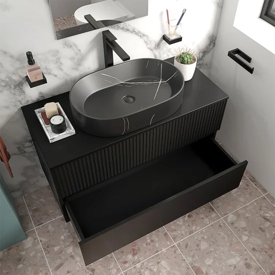 jasmine 1000 black wall vanity unit with black sink