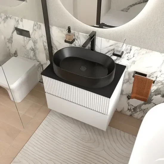 Jasmine 700 Whitewall Vanity Unit With Sink 2 Product Image for Jasmine 700mm White Floating Two Drawer Unit with Black Marble Basin