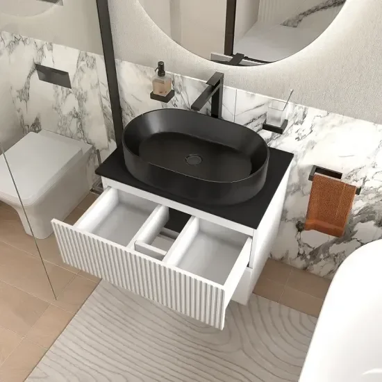 Jasmine 700 Whitewall Vanity Unit With Sink 3 Product Image for Jasmine 700mm White Floating Two Drawer Unit with Black Marble Basin